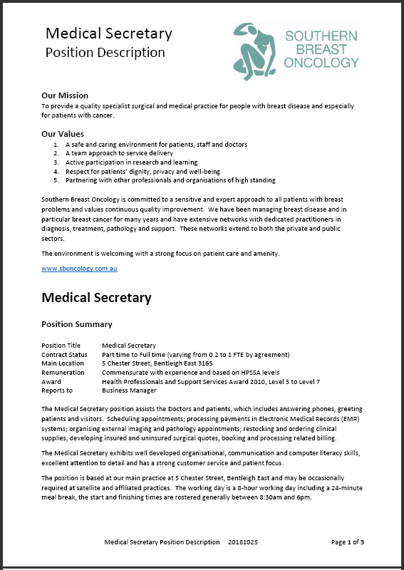 Medical Secretary Position Description